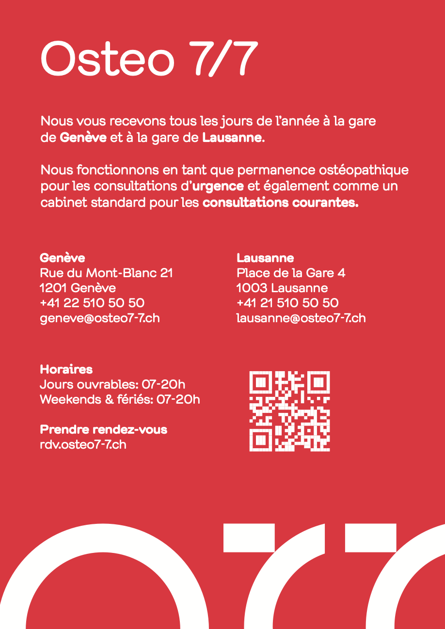 Osteo 7/7 — permanence ostéopathique à Genève et Lausanne, 7h–20h tous les jours