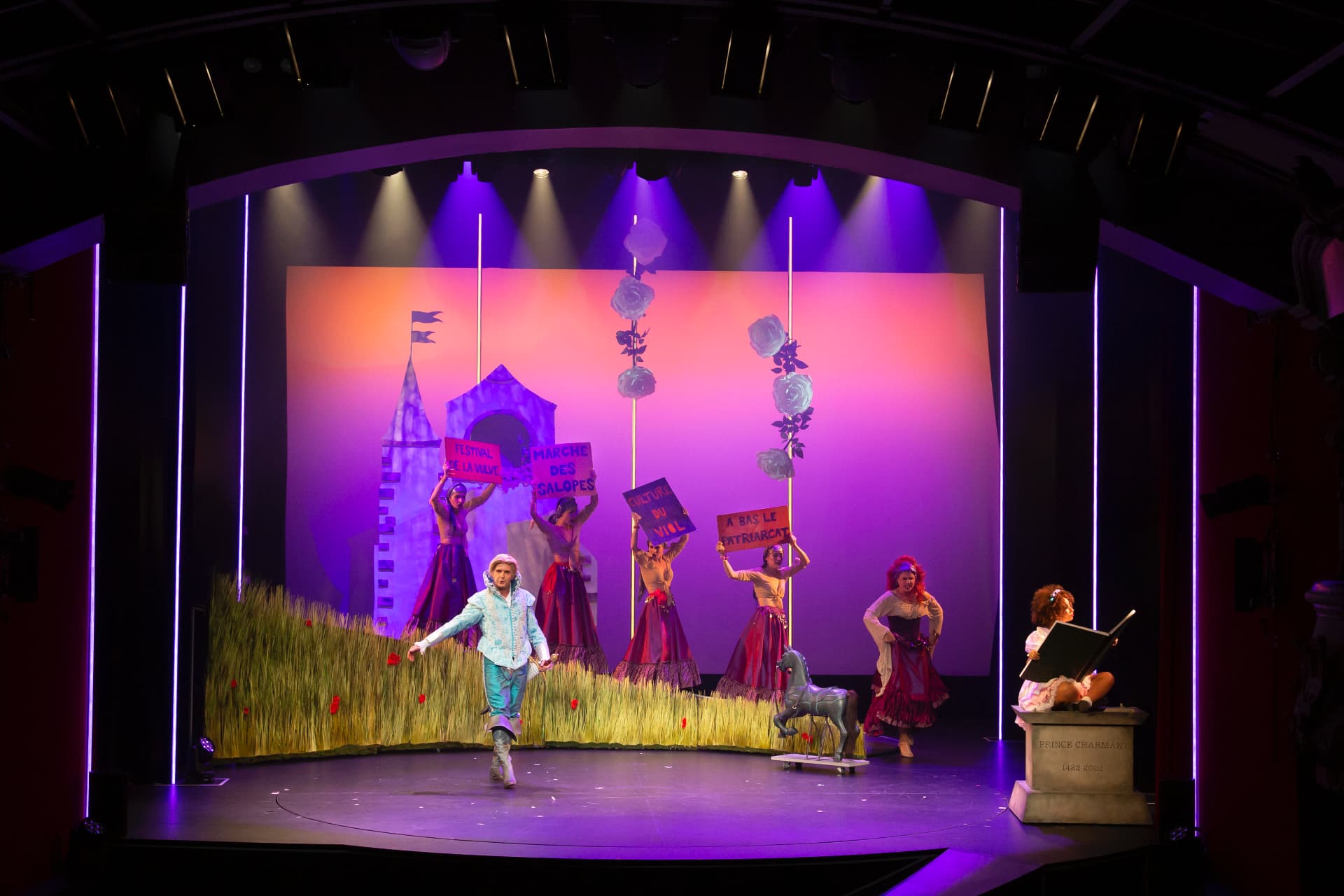 Tableau satirique de La Revue Genevoise dans un décor de conte